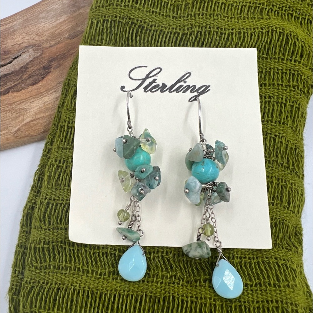 New Sterling Silver Turquoise, Larimar, Peridot & Aquamarine Cluster Earrings